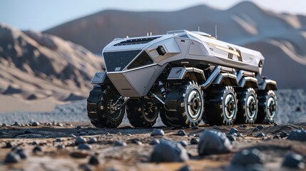 Futuristic rover vehicle exploring a rocky desert landscape with distant mountains in the background