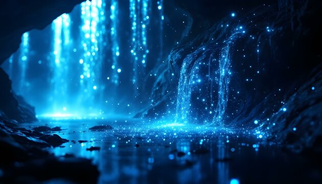 Abstract binary code rain with glowing light effects, dark background with electric blue and white digital particles 