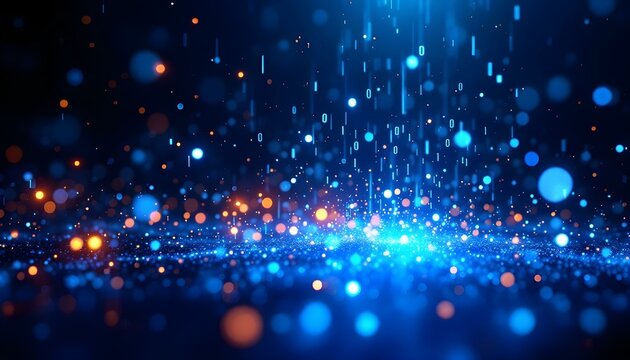 Abstract binary code rain with glowing light effects, dark background with electric blue and white digital particles 