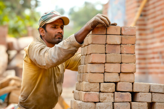 Professional bricklayer working on house construction. Construction worker lifting a brick. Builder working on construction site. Concept of architecture, construction, industry, construction worker.