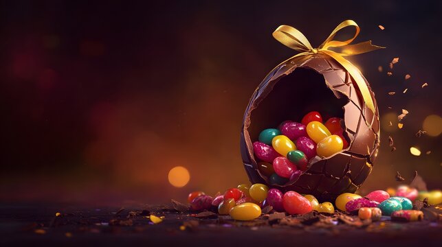 A broken chocolate egg spilling colorful candies.
