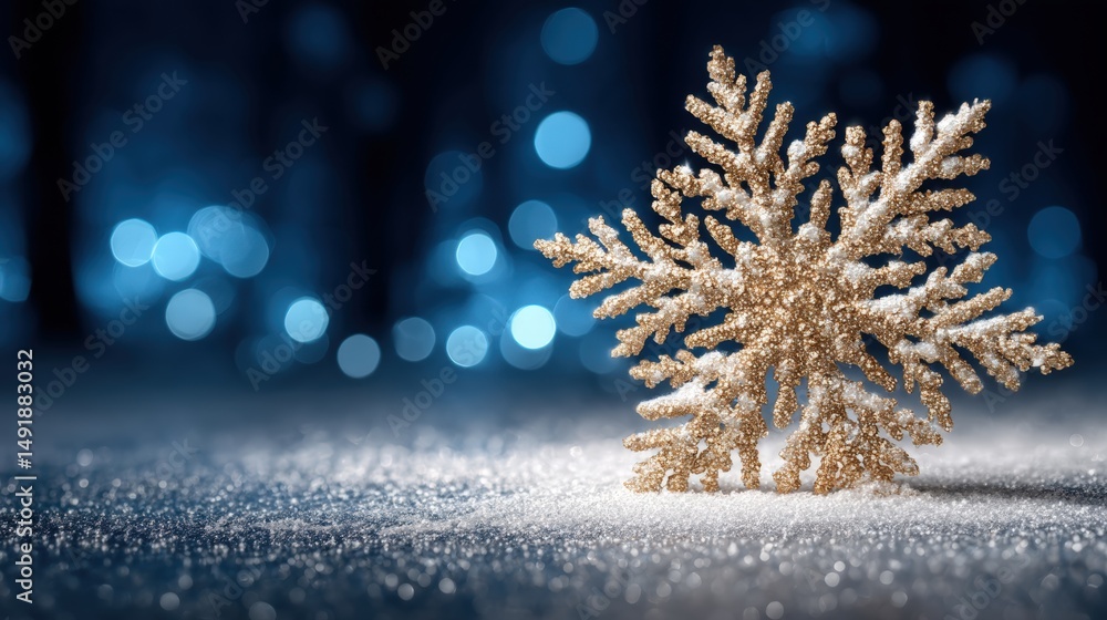 Poster close-up of a single snowflake on a smooth blue surface with soft lighting and a blurred background.
