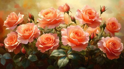 Peach roses blooming, garden art, sunlit background, floral greeting card