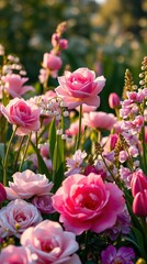 Obraz premium Pink Rose Garden: A Romantic Sunset Bloom