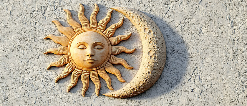 Beige Sun And Moon Relief Sculpture On Stone Wall