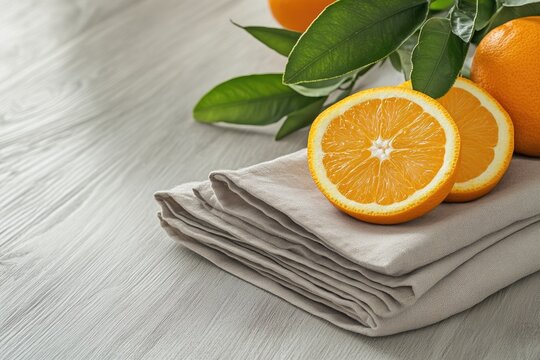 A stack of light grey linen napkins sits on a wood surface beside sliced and whole oranges with green leaves