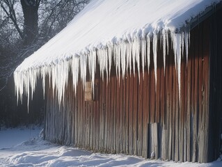 Icicles forming a sparkling curtain along the eaves of a snow-covered wooden barn, Generative AI