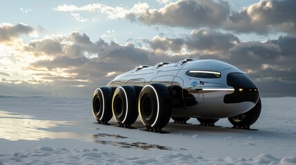 Futuristic vehicle with six wheels on a snowy landscape under a cloudy sky at sunset or sunrise