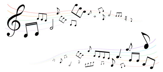 遠近感のある楽譜のフレームイラスト　虹色の五線譜　背景イラスト　音符、休符、音楽記号のイラスト