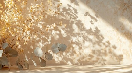 Dried flowers and eucalyptus leaves, sunlit shadows on a beige backdrop