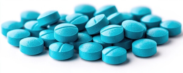 The concept of capsule and omega macro. Blue tablets scattered on a surface, showcasing their texture and color.