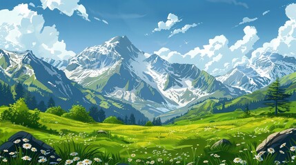 A scenic landscape with snow capped mountains, green hills, and a meadow filled with white flowers