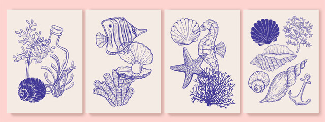 Set of sea, summer, island style objects, design elements. Underwater creatures, starfish, sea  horse, coral, fish. Hand drawn style. Palms, bungalow.  © olechkaart