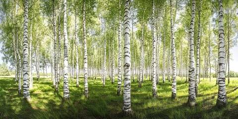 Obraz premium Panoramic view of dense birch forest with white trunks and green undergrowth in spring.
