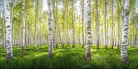 Panoramic view of dense birch forest with white trunks and green undergrowth in spring.