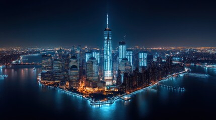New York City skyline shimmering at night, displaying dazzling illumination