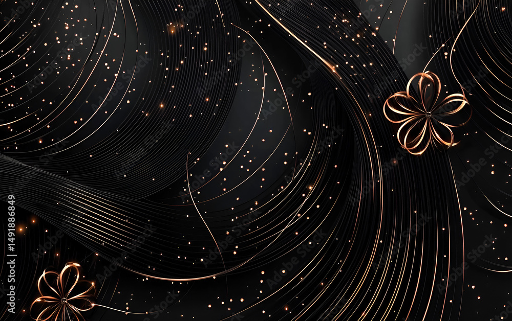 Poster elegant black and gold abstract background with flowing lines sparkling particles and decorative flo