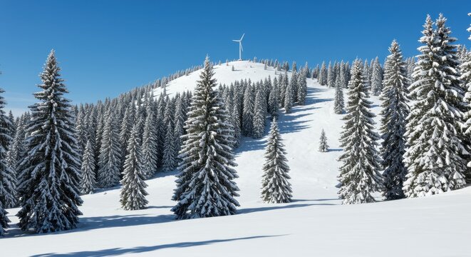 Snowy Mountain Peak with Wind Turbine