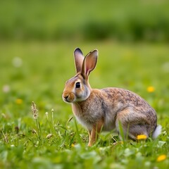 Fototapeta premium Wild Rabbit Pauses Mid Hop in a Field of Green