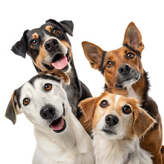  group of different dogs looking at camera isolated on white background ,PNG
