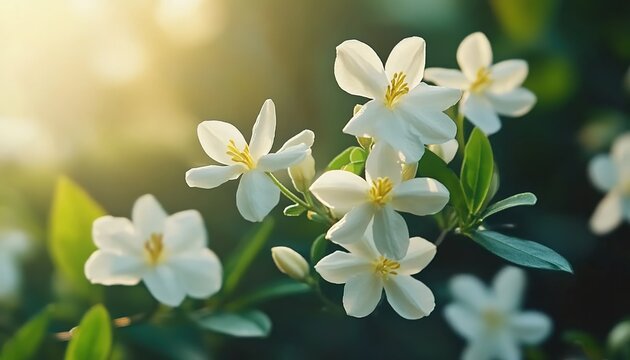 White flowers with yellow stamens surrounded by green leaves in warm lighting.