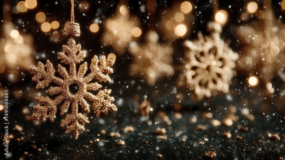 Poster white snowflake ornament hanging on a thin string against a soft blurred background.
