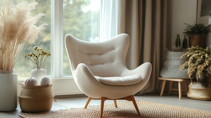 Cozy cream armchair near window, autumn decor, living room, interior design