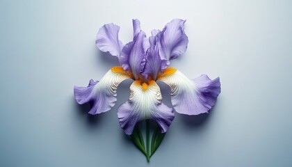 Obraz premium A blooming purple iris flower with white and yellow patterns on petals against a light-blue background.