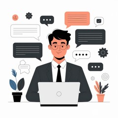 Cartoon businessman at laptop with floating communication bubbles.