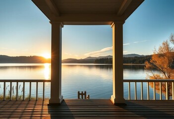 Serene dawn light bathes tranquil lake seen from minimalist porch, tranquil, quiet