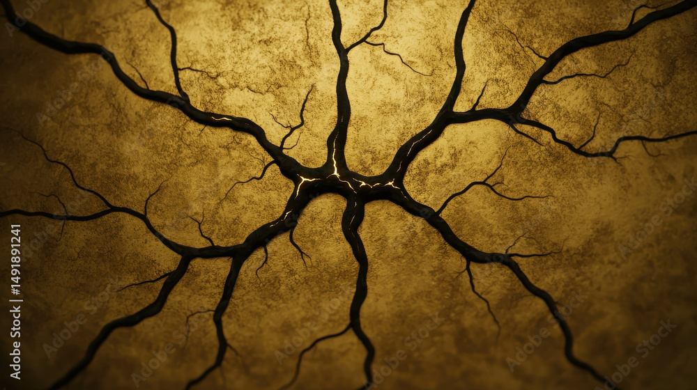 Poster abstract yellow background with intricate black cracks and patterns in a textured design