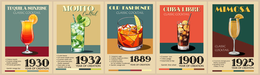 Set of Cocktail retro posters with recipe. Classic Old Fashioned, Mojito, Cuba Libre cocktails digital print. Popular alcohol drinks. Vintage vector illustration, bar, pub, restaurant, kitchen decor