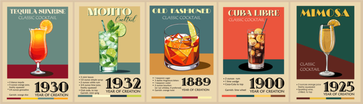 Set of Cocktail retro posters with recipe. Classic Old Fashioned, Mojito, Cuba Libre cocktails digital print. Popular alcohol drinks. Vintage vector illustration, bar, pub, restaurant, kitchen decor