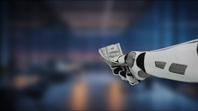 A robotic hand extends banknotes in an office atmosphere, illustrating the intersection of technology and finance, highlighting modern business practices and innovation. MZL