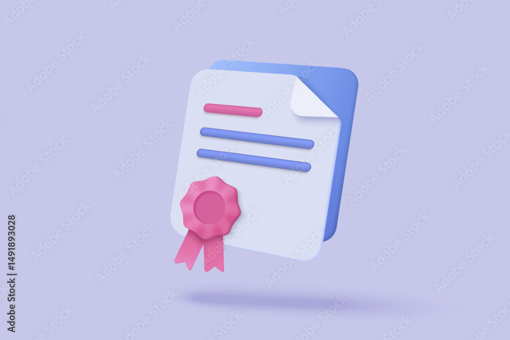 Fototapete 3d certificate or diploma icon with stamp and ribbon bow isolated background. White clipboard task management todo check list, work on project plan concept. 3d vector render on purple background