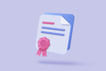 3d certificate or diploma icon with stamp and ribbon bow isolated background. White clipboard task management todo check list, work on project plan concept. 3d vector render on purple background