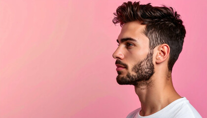 Obraz premium Stylish Men's Hairstyles: Modern Textured Look on Pink Background