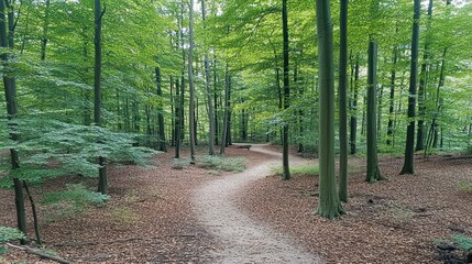 Serene forest path with lush green trees, brown leaves, and a wooden bench.