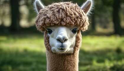 Fototapeta premium Llama with curly brown-white hair and large black-white eyes against green grassy background.