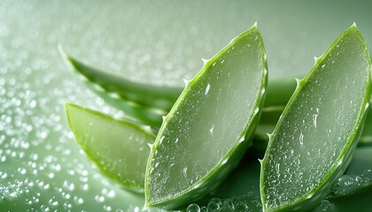 Close-up of aloe vera leaves with water droplets on a green background.