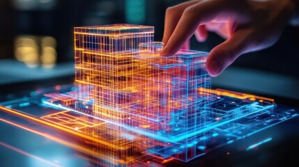 Hand interacts with 3D building model on futuristic tablet; city background; architectural design
