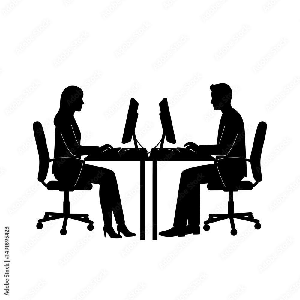 Poster silhouette of man and woman working at computers side by side in an office environment setting