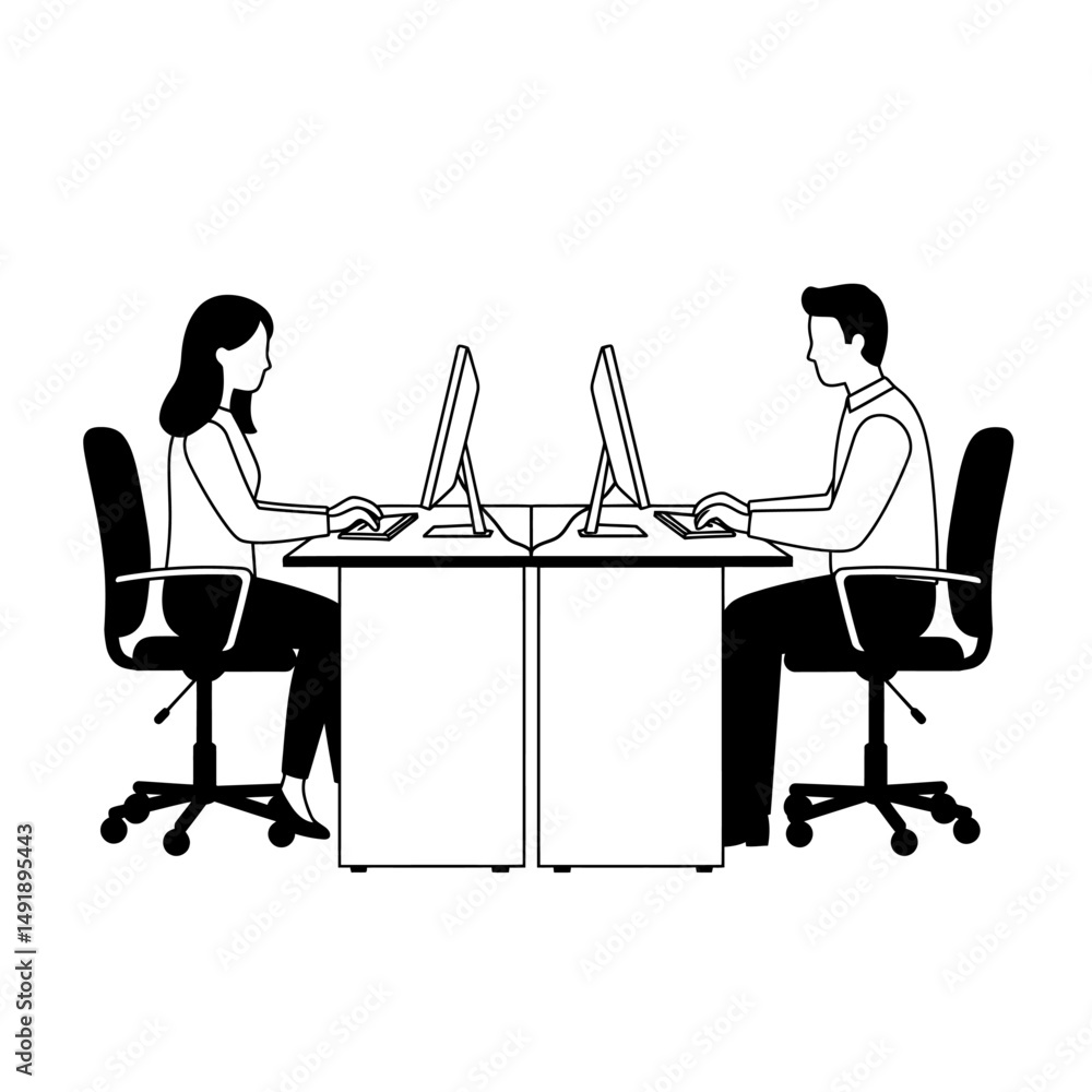 Poster illustration of a woman and man working at desks with computers in a monochrome office space view