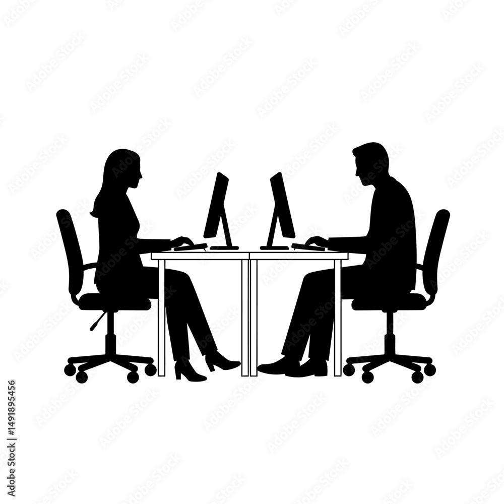 Poster silhouette of man and woman working at computers in an office setting side by side on white backgrou