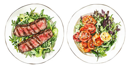 Watercolor Plates of Steak and Tomato Salads Artwork