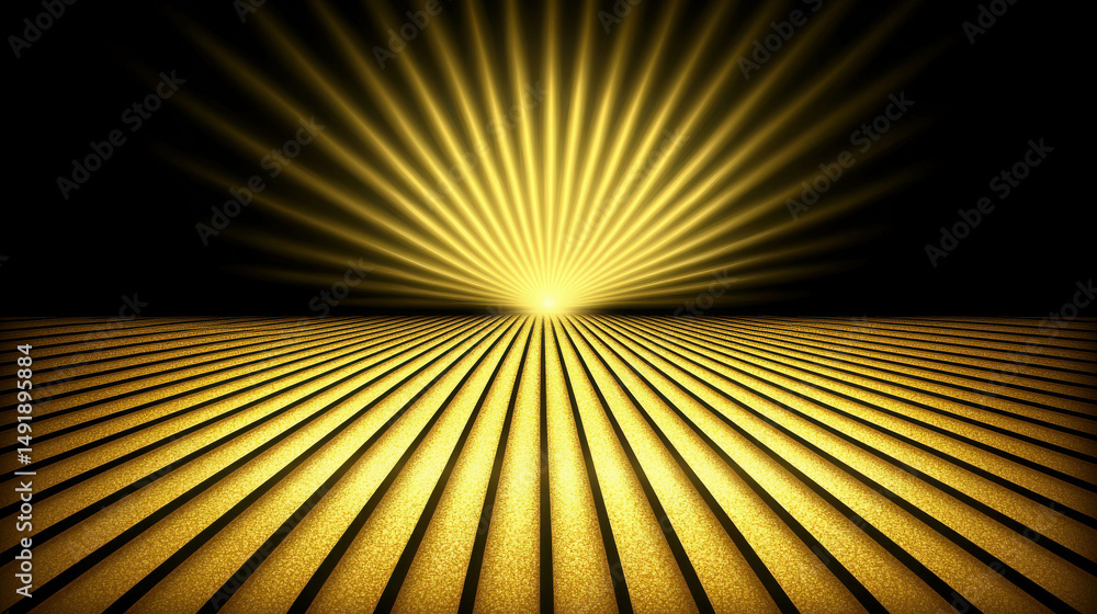 Poster golden rays of light over abstract landscape with radiating patterns and dark background