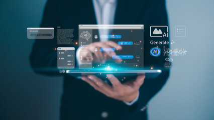 A businessman holding a tablet with floating AI interfaces, Symbolizing futuristic technology data,...