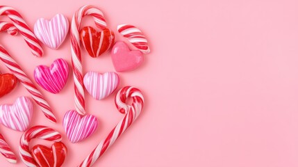Multiple red and white candy canes and red heart shapes scattered on a soft pink background.
