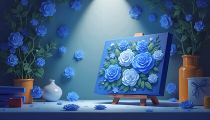 Blue roses artwork on canvas with artistic background