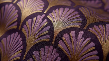 Luxurious, textured fabric with a repeating fan pattern in deep purple and gold